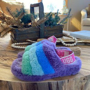 UGG FLUFF YEAH SLIDE RAINBOW SHEEPSKIN SLIPPERS SZ 6